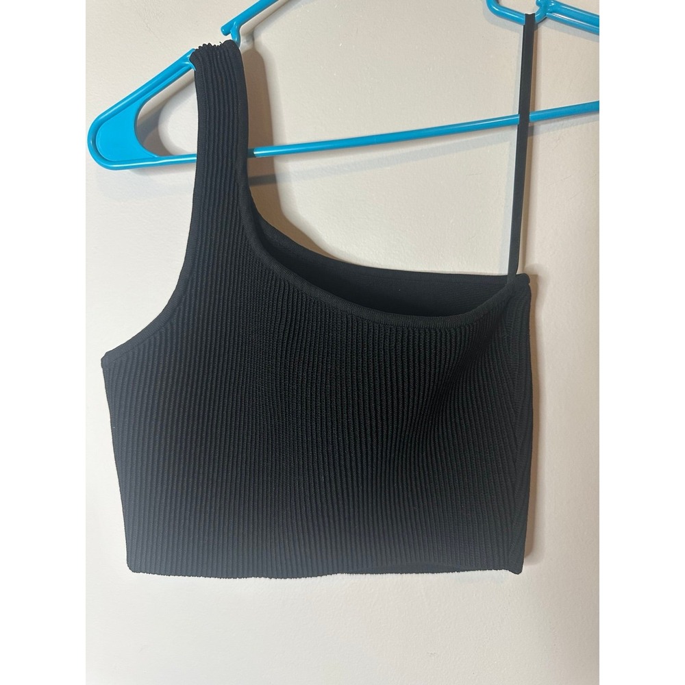 Babaton Black Ribbed One Shoulder Sleeveless Ribbed Knit Crop Top EUC